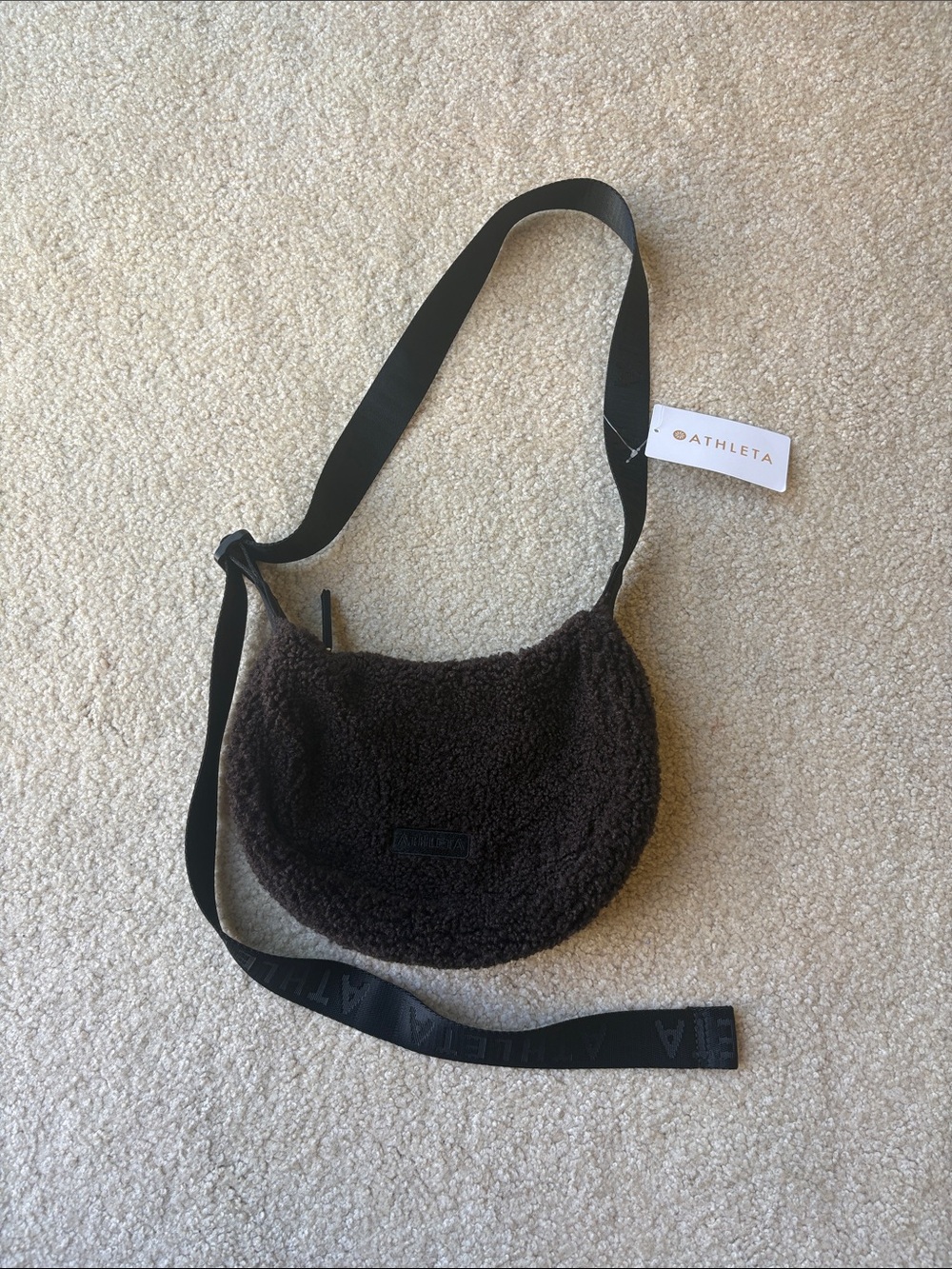 Athleta Dark Brown Sherpa Crossbody with Black Strap